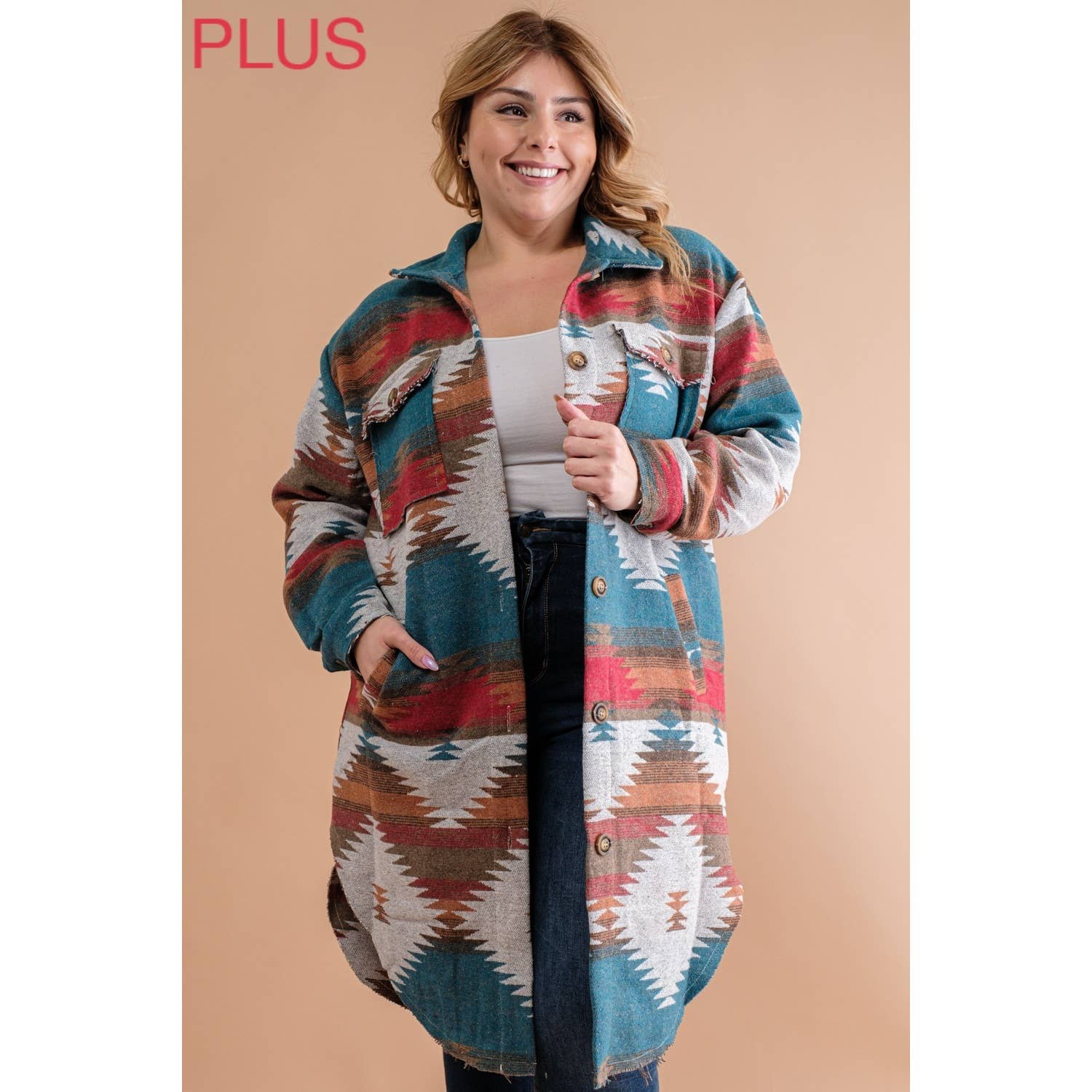 Sweet Generis - Wholesale Shirt Jacket/Shacket - Women's - PLUS LONG TRIBAL AZTEC BUTTON DOWN SHIRT JACKET SHACKET7