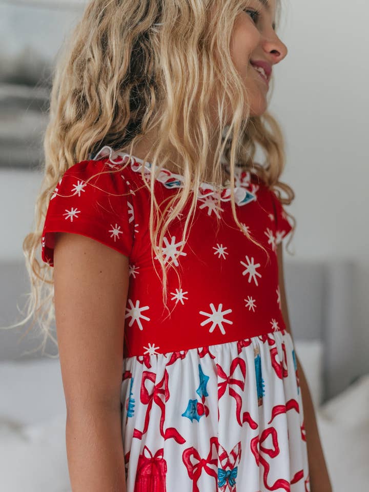 Oopsie Daisy - Wholesale Nightdress - Kids - Kids Red Christmas Bow Holiday Ruffle Lounge Play Gown2