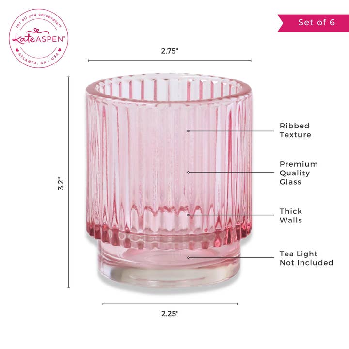 Kate Aspen - Vente Bougeoirs - Bougeoir votif en verre rose côtelé (lot de 6)