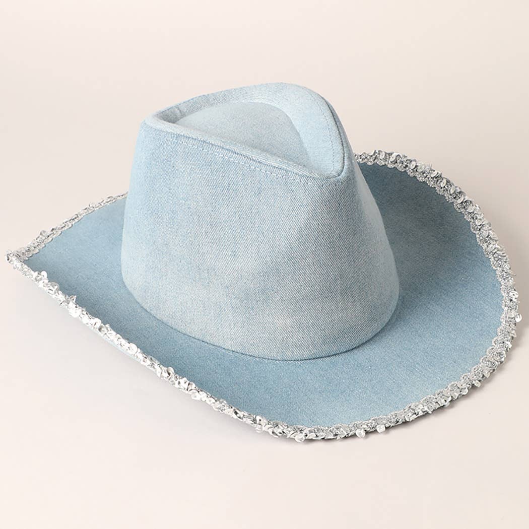 Blue Denim Cowboy Hat with Sequins in the Edge for wholesale on Faire3
