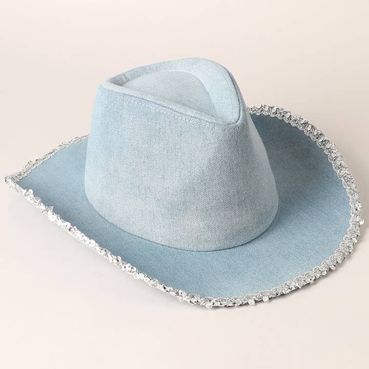 Blue Denim Cowboy Hat with Sequins in the Edge for wholesale on Faire3