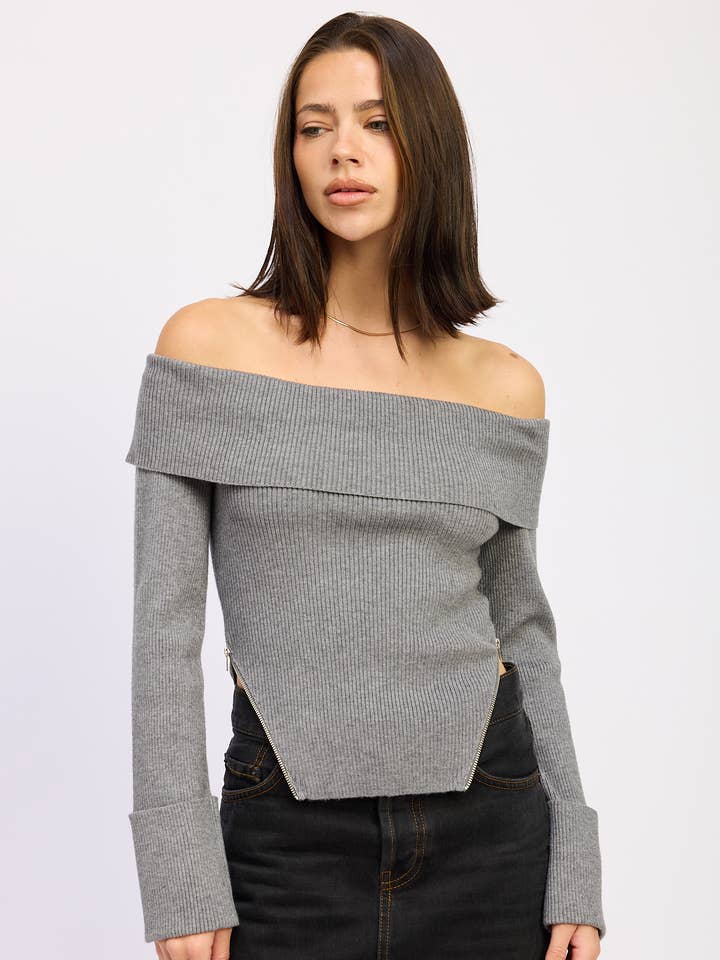 RIBBED OFF SHOULDER SWEATER WITH ZIPPER for wholesale by Emory Park