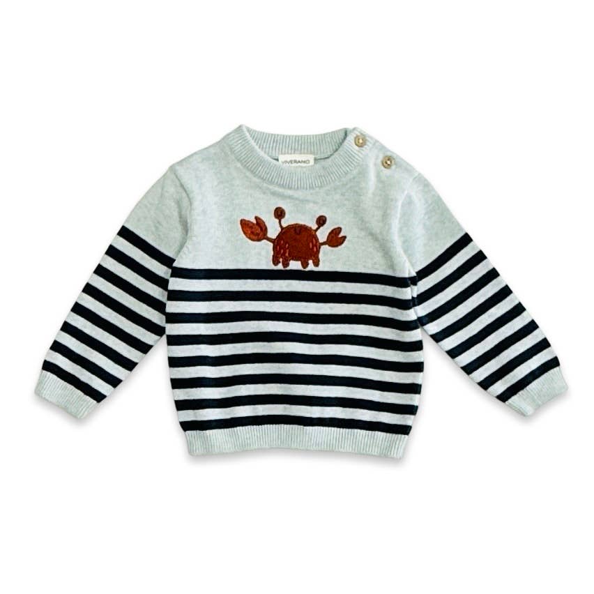 Blue Heather Crab Embroidered & Stripe Knit Baby Pullover (Organic Cotton for wholesale on Faire0
