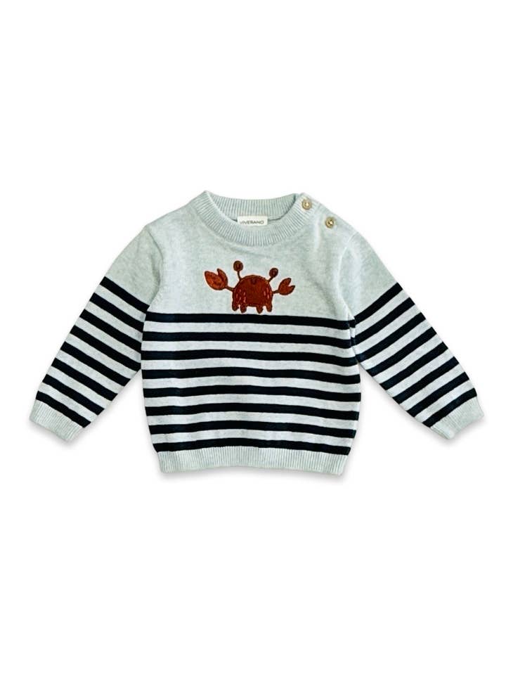 Blue Heather Crab Embroidered & Stripe Knit Baby Pullover (Organic Cotton for wholesale on Faire
