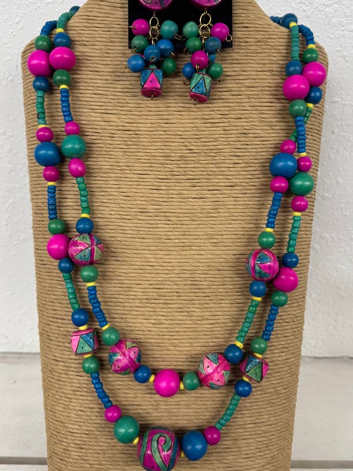 TWO STRANDS MULTI COLOR WOOD BEADS MULTI STRANDS NECKLACE SE for wholesale by International Duru's