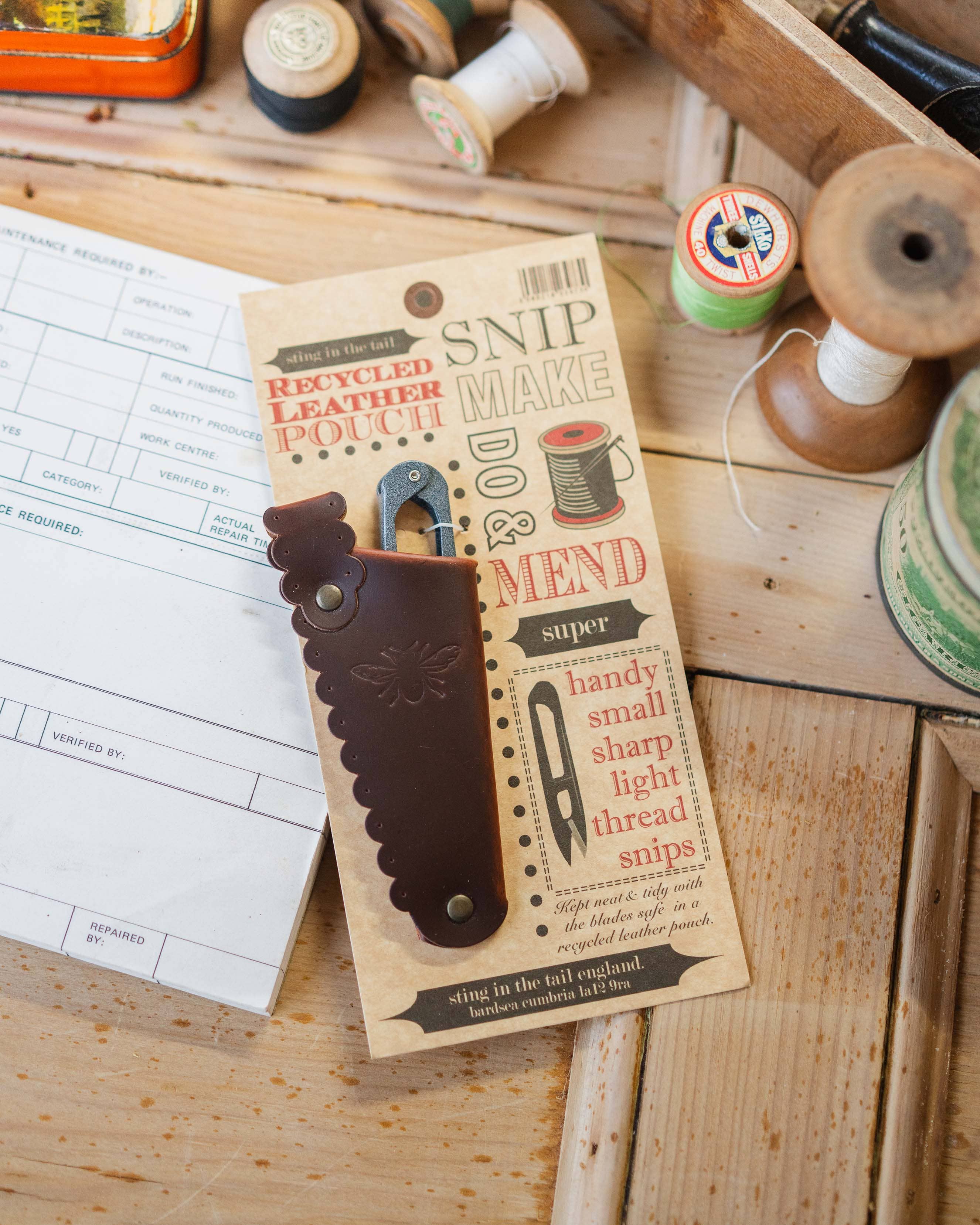 Sting in the Tail Ltd – wholesale Scissors – Sewing Snips in Recycled Leather Holder1