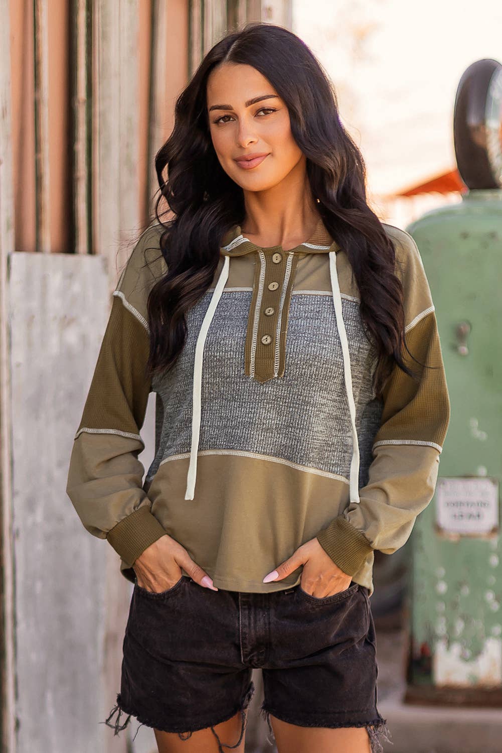 Jungle Green Mixed Texture Exposed Seam Half Button Pullover Sweatshirt for wholesale on Faire0