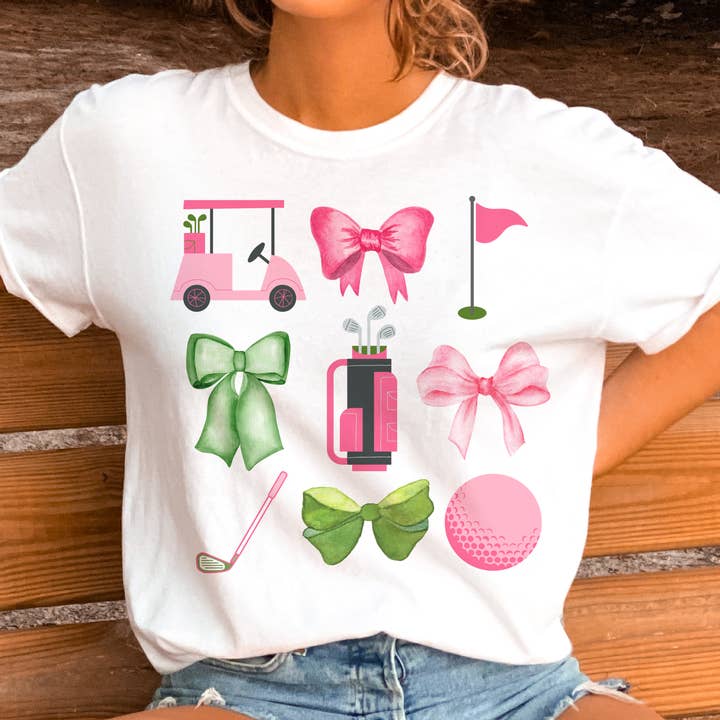 Par.tees by Party On! - Vente T-shirt sérigraphié – femme - T-shirt graphique d'été Preppy Golf Collage pour club de campagne