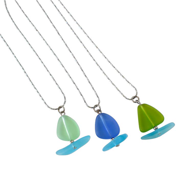 Art Glass Sailboat Pendant with Cultured Beach Glass for wholesale by Snazzy and Co