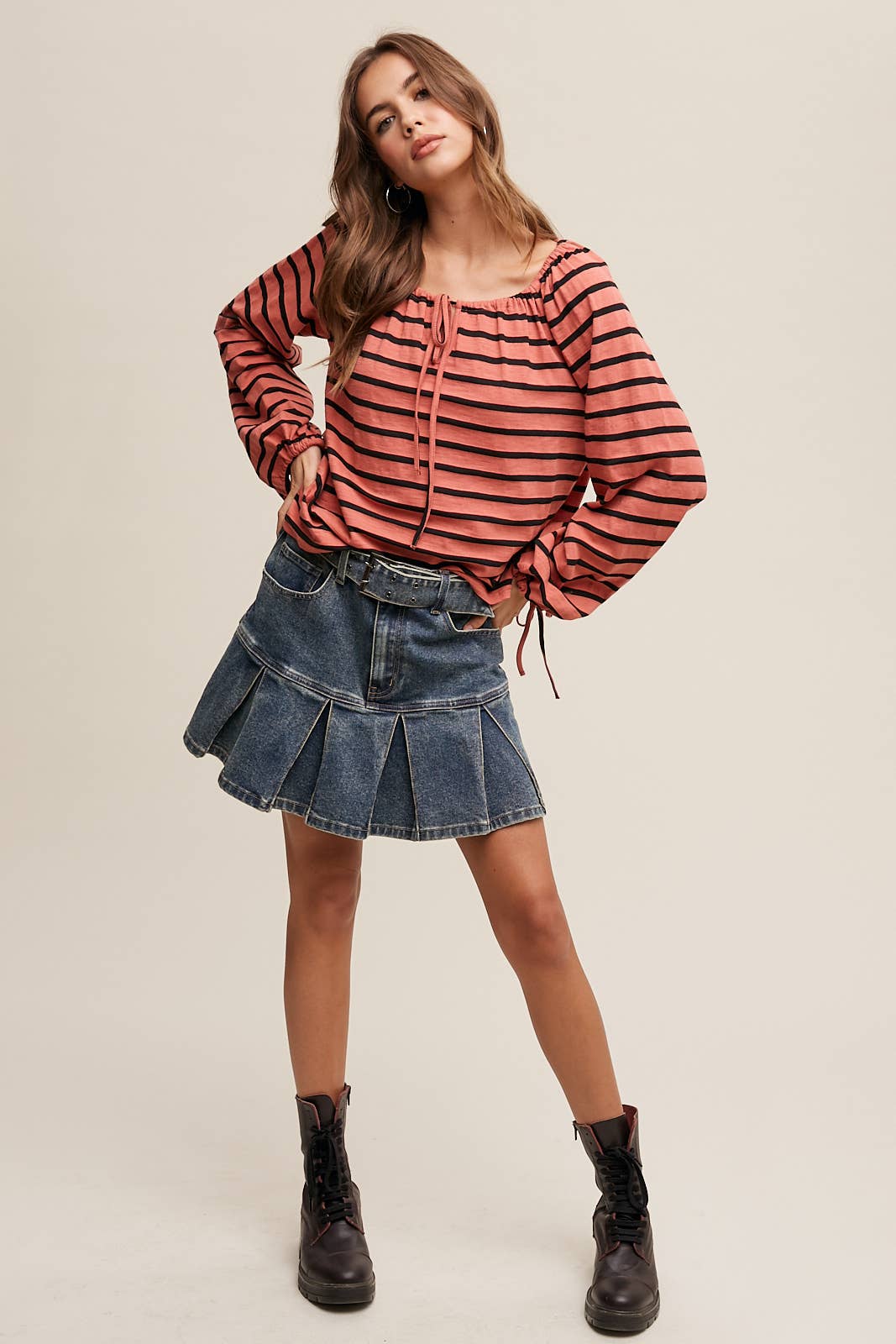 Koraal Gestreepte Blouse met Striksluiting en Boho Stijl LT0936 voor groothandel op Faire11