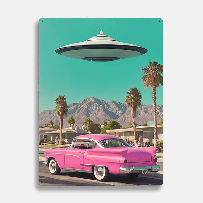 Pink 1950s Car And UFO Alien Metal Sign Plaque for wholesale by The British Metal Signs Company