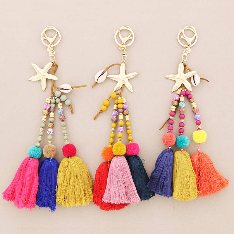 Sonata – Großhandel Schlüsselanhänger – Damen – Ethnischer Schlüsselanhänger mit Stern, Metall und drei Quasten1