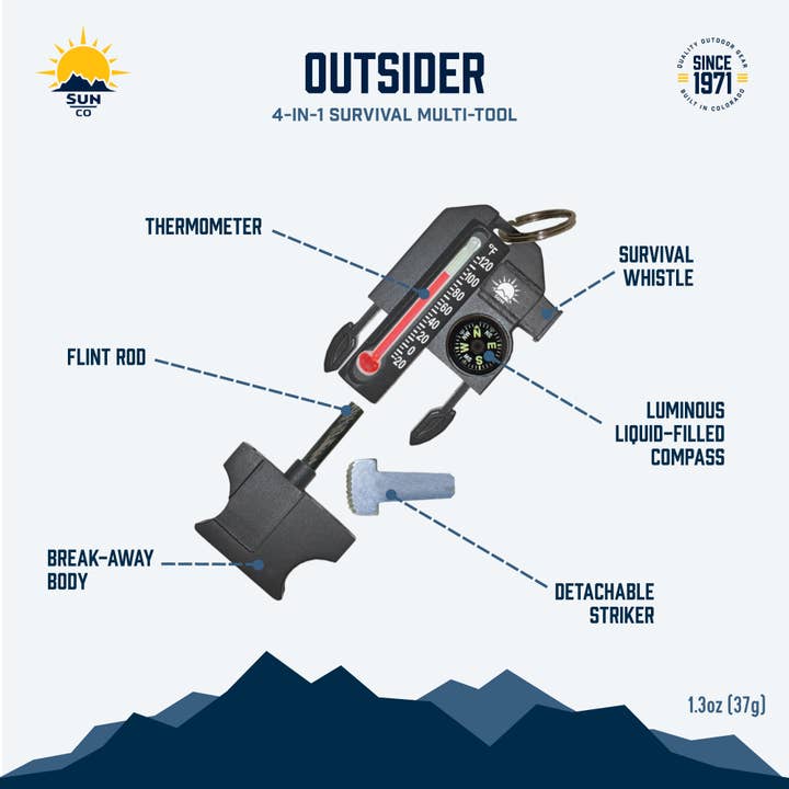 Sun Company / Big Discoveries - Wholesale Handy Tool - Outsider 4-in-1 Survival Tool - EDC Outdoor Firestarter