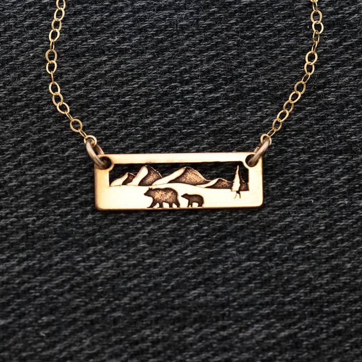 Altitude Jewelry - Wholesale Pendant/Charm Necklace - Momma Bear with one cub Gold Filled