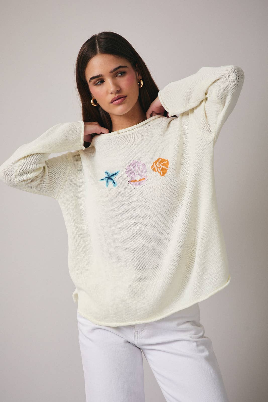 CREAM ROUND NECK LONG SLEEVE 'SEA' GRAPHIC SWEATER for wholesale on Faire