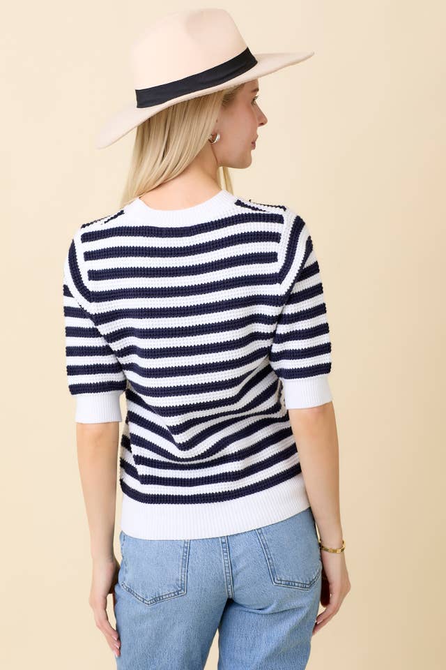 Main Strip - Wholesale Knit Sweater - Women's - Classic Stripe Half Sleeve Knit Top1