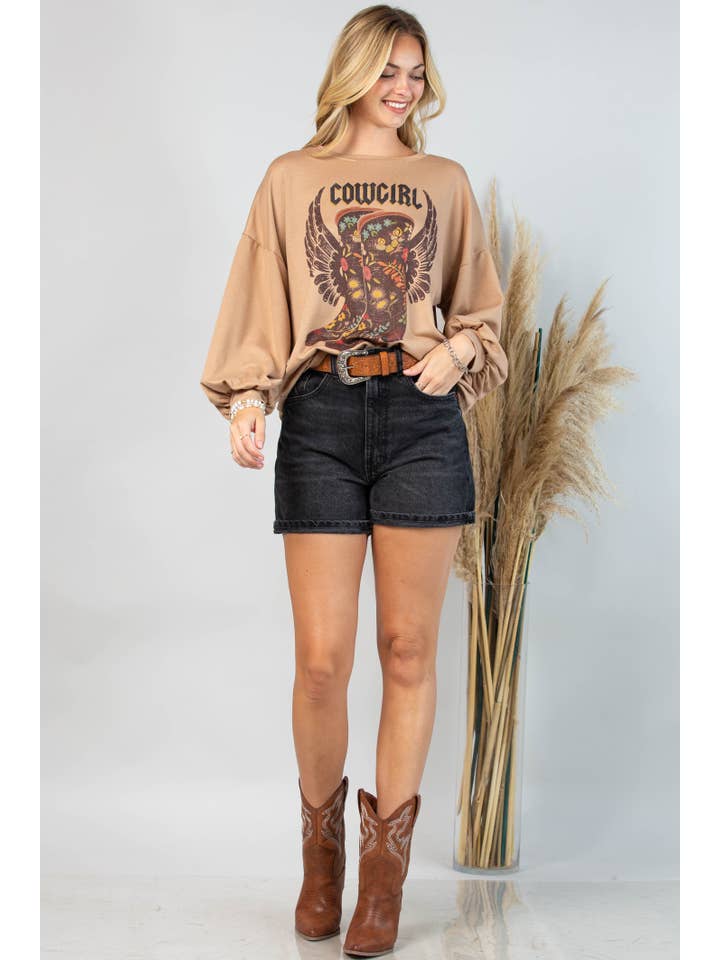 Mocha AV1171-ALEX COWGIRL BOOTS GRAPHIC SWEATSHIRT for wholesale on Faire2
