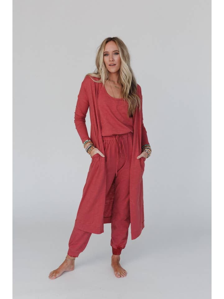 Set to Go Textured Jumpsuit And Cardigan Set - Deep Rust for wholesale on Faire