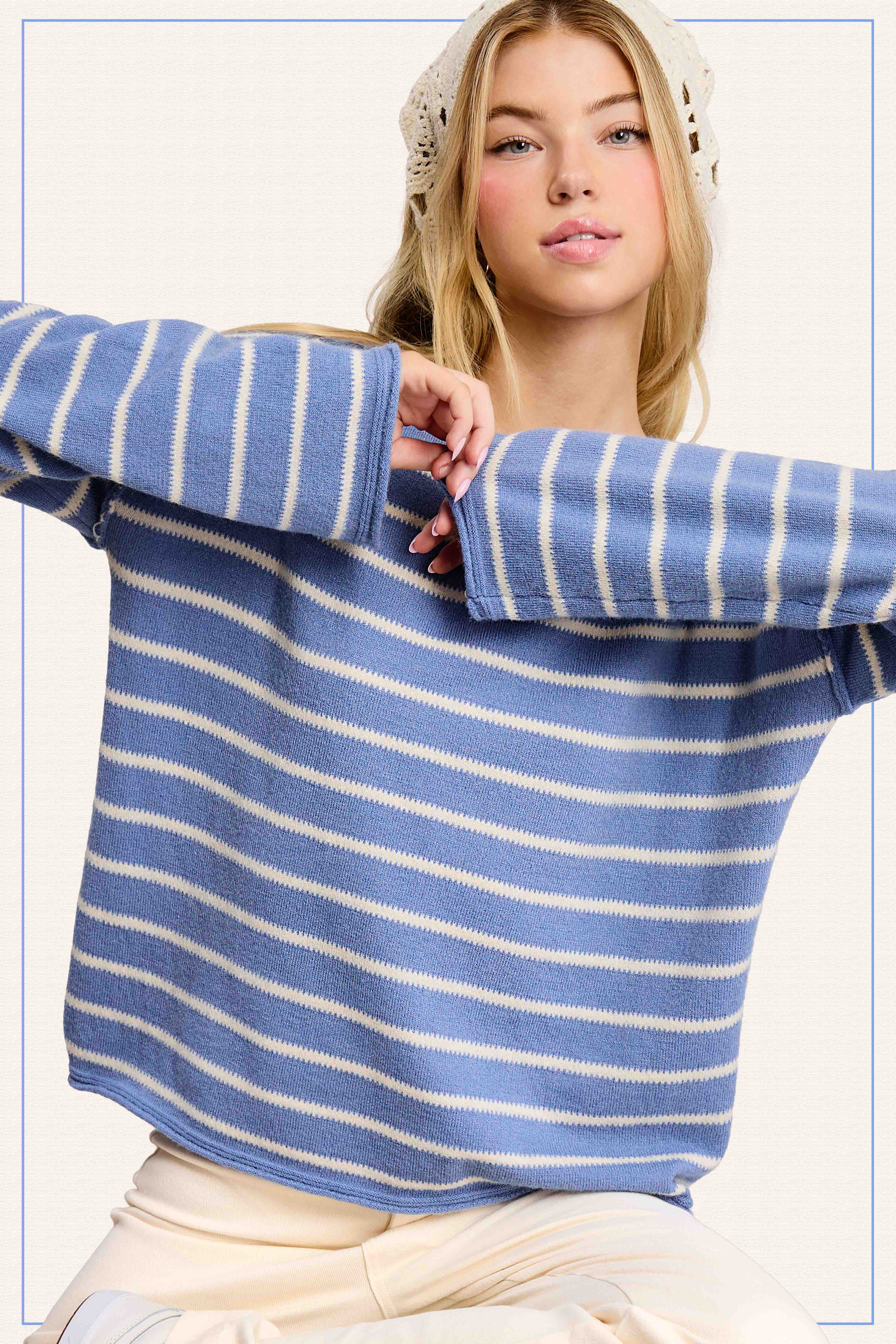 La Miel - Wholesale Knit Sweater - Women's - MCS3588-Striped Round Neck Loose Fit Long Sleeve Sweater14