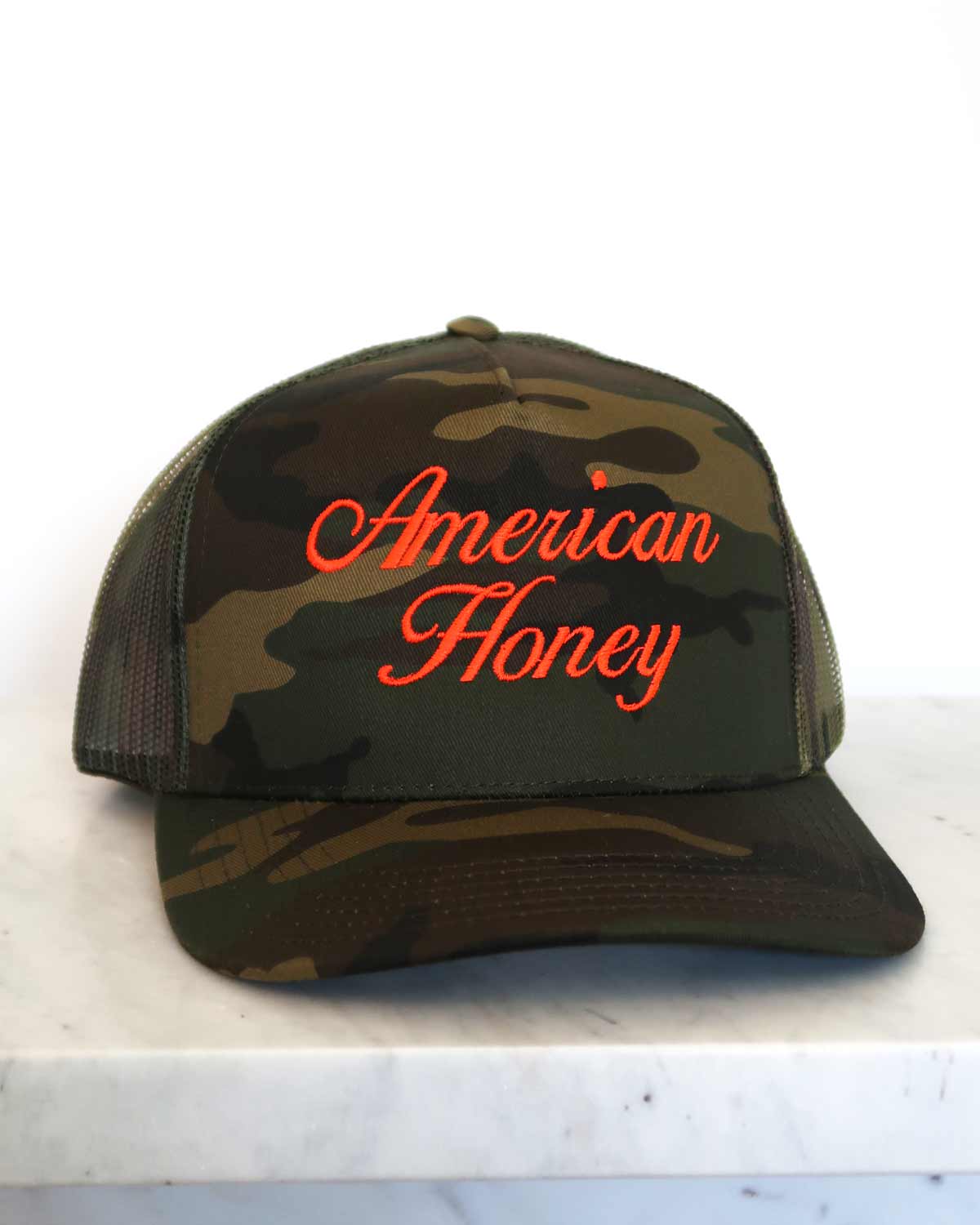 Sundrop - Wholesale Trucker Hat - Women's - American Honey Camouflage Embroidered Hat - Neon Red Orange