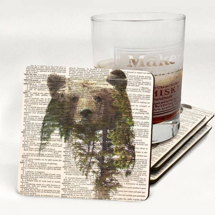 Double Exposure Bear Wooden Drink Coaster for wholesale by Fresh Prints of CT