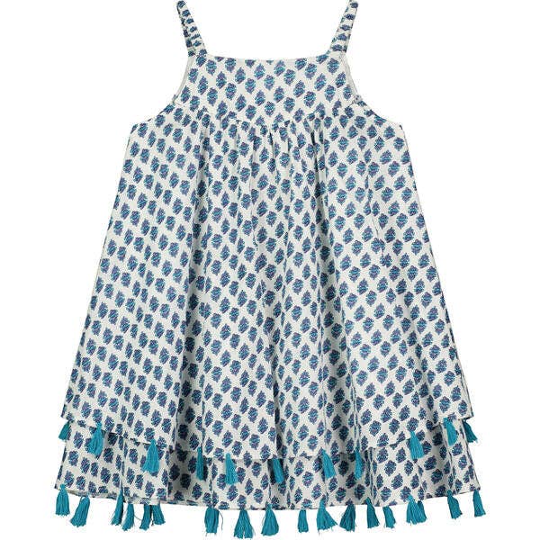 Robe trapèze à bretelles en imprimé fleuri bleu pour la vente par Poppet & Fox