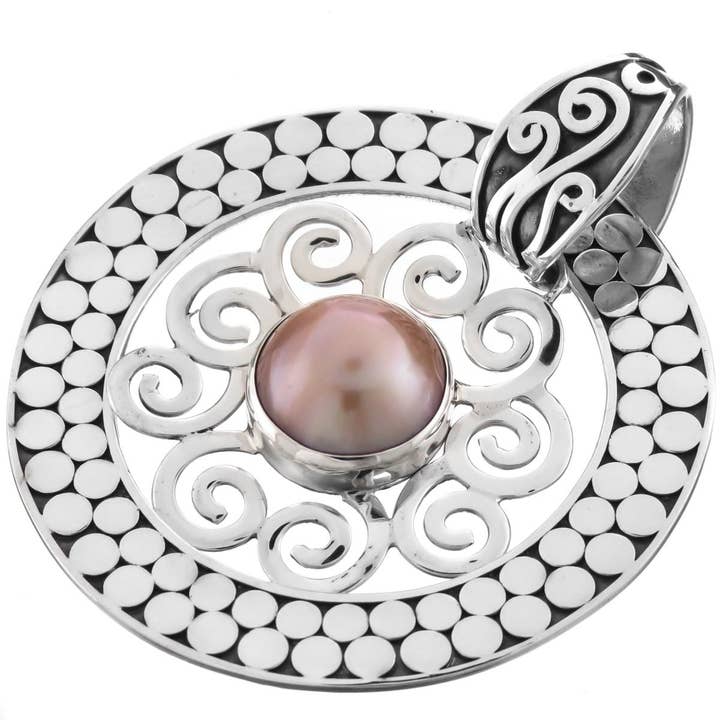 925 silver handmade bali champagne gold mabe pearl sterling pendant, 2" for wholesale by FifiRose