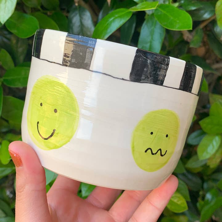Chartreuse Moody Smiley Planter 4in for wholesale by Howdy Ceramics