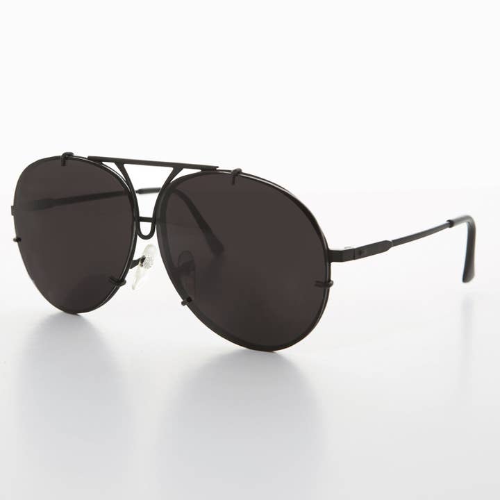 Vintage Rimless Aviator Sunglass Matte Black With Unique Bridge - Vossie for wholesale by SUNGLASS MUSEUM