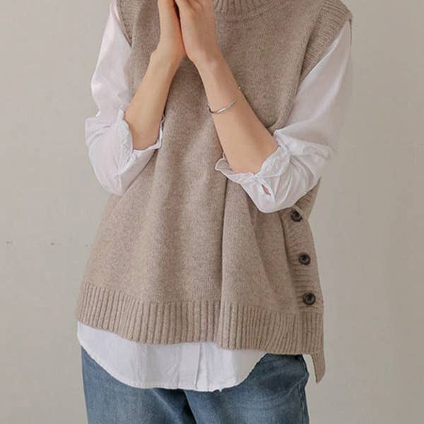 Simple Sleeveless Loose Buttoned Solid Color Round-Neck Sweater Vest Outerwear for wholesale by Plush Looks