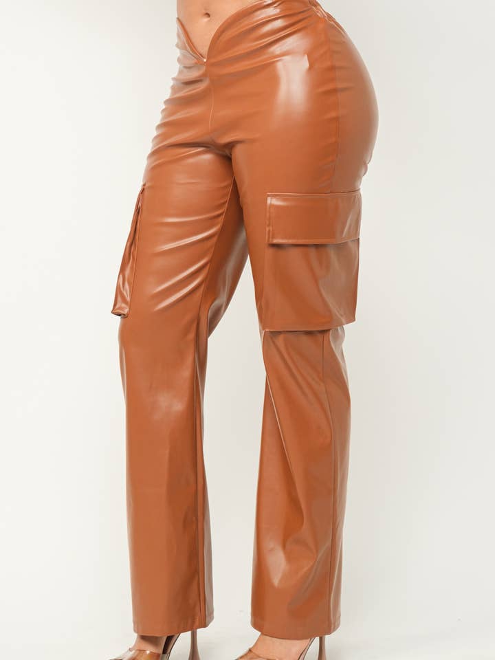 Julia by LoveJ - Wholesale Pants - Women's - Leather Front V-Cut Side Flap Pocket Cargo Pants