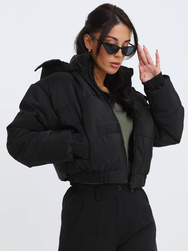 Black Cropped Padded Long Sleeve Zip Front Shower Proof Jack for wholesale by Femme Luxe