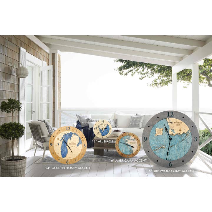 Sea & Soul Nautical Chart Art - Wholesale Wall Clock - Door County Nautical 3D Wood Map Wall Clock - 4 Sizes