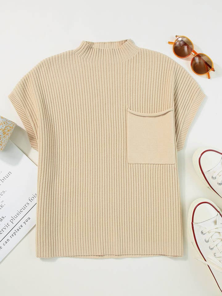 Lovesoft - Wholesale Knit Sweater - Women's - Oatmeal Patch Pocket Ribbed Knit Short Sleeve Sweater