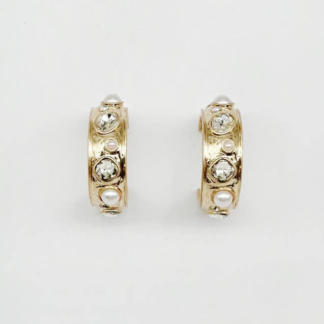 Gold Hammered Hoop with Clear Crystal and Pearl 1.5" Earring for wholesale by What's Hot