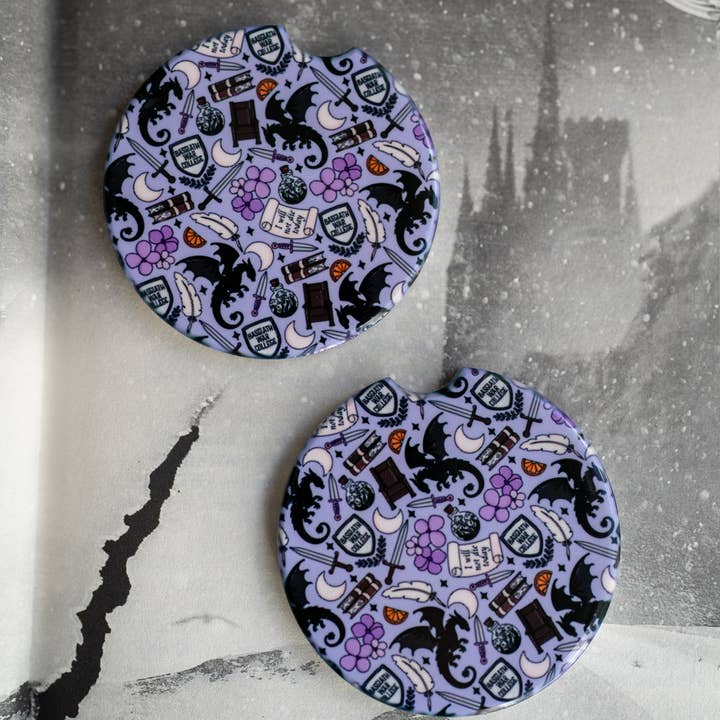 Bookish Dragon Fantasy - Ceramic Car Coasters (Set of 2) for wholesale by Wicked Creatiff