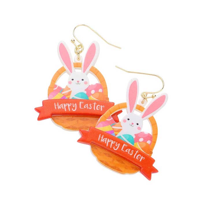 Orange Happy Easter Message Resin Bunny Egg Basket Dangle Earrings for wholesale on Faire