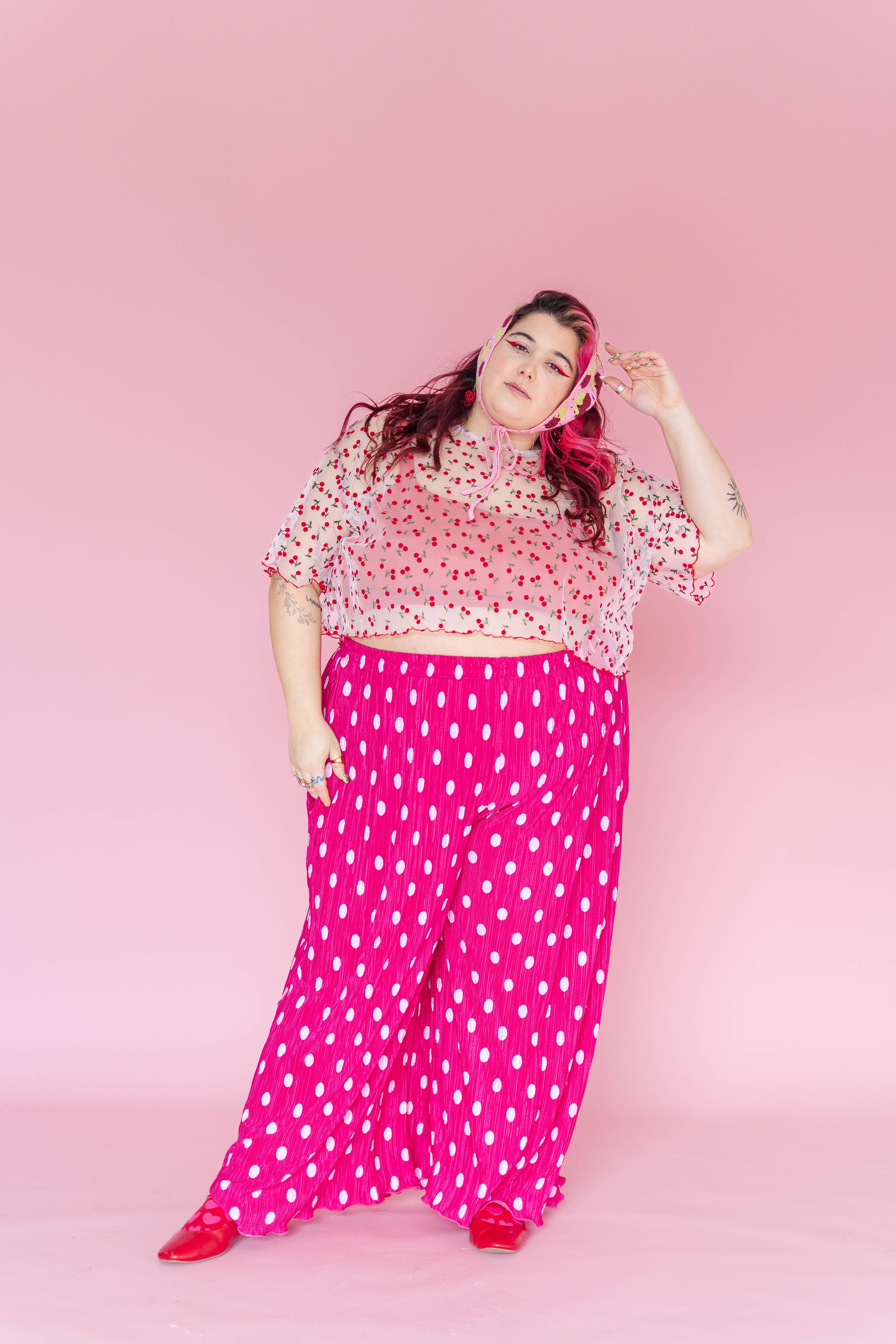 Nettle Studios - Wholesale Pants - Women's - Size Inclusive Hot Pink & White Polka Dot Pleated Flare Pant26