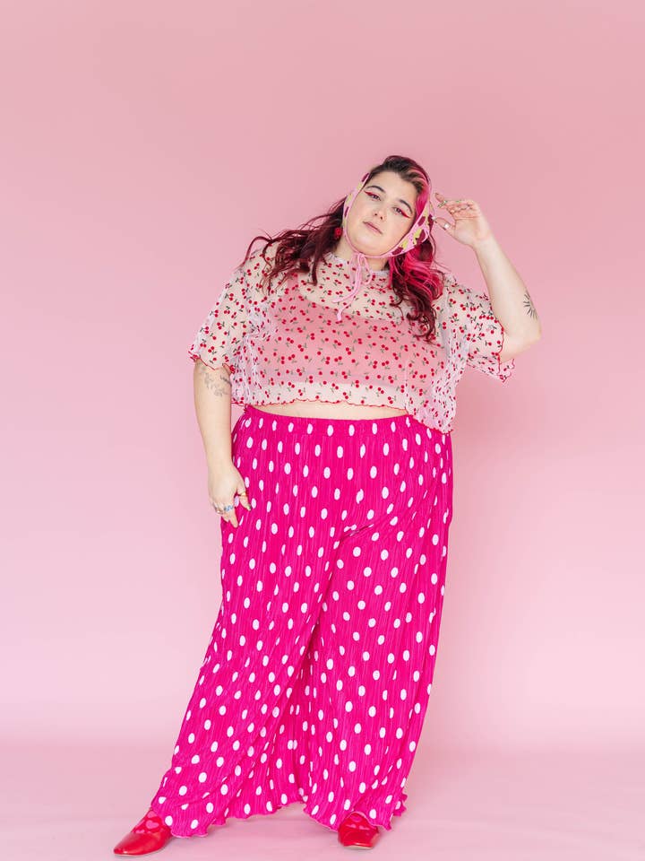 Nettle Studios - Wholesale Pants - Women's - Size Inclusive Hot Pink & White Polka Dot Pleated Flare Pant26