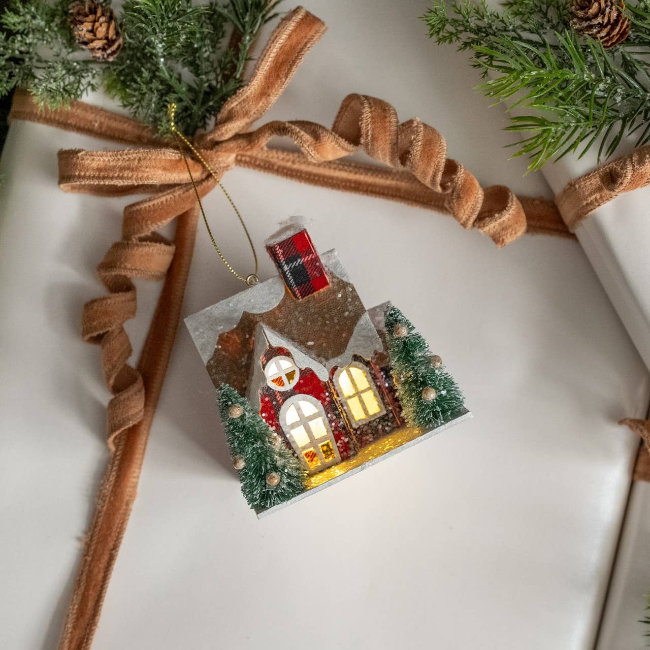 Ragon House - Wholesale Ornament - PLAID LIGHTED HOUSE ORNAMENT0