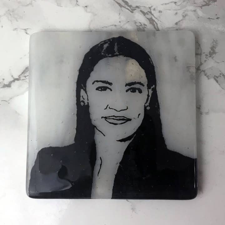 Alexandria Ocasio-Cortez AOC Fused Glass 4" Single Coaster for wholesale by Kiku Handmade | Contemporary Fused Glass Home Goods