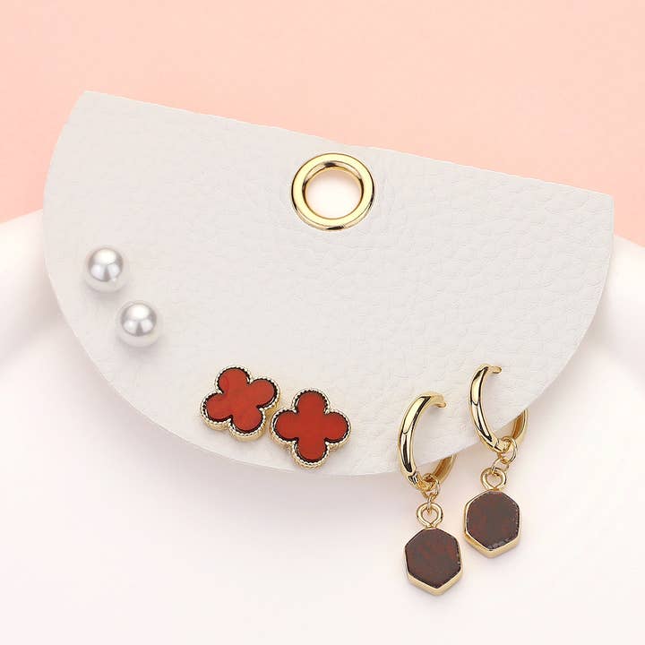 Sensibling Corp. - Wholesale Jewelry Set - 3Pairs - Quatrefoil Pearl Stud Natural Stone Dangle Earrings
