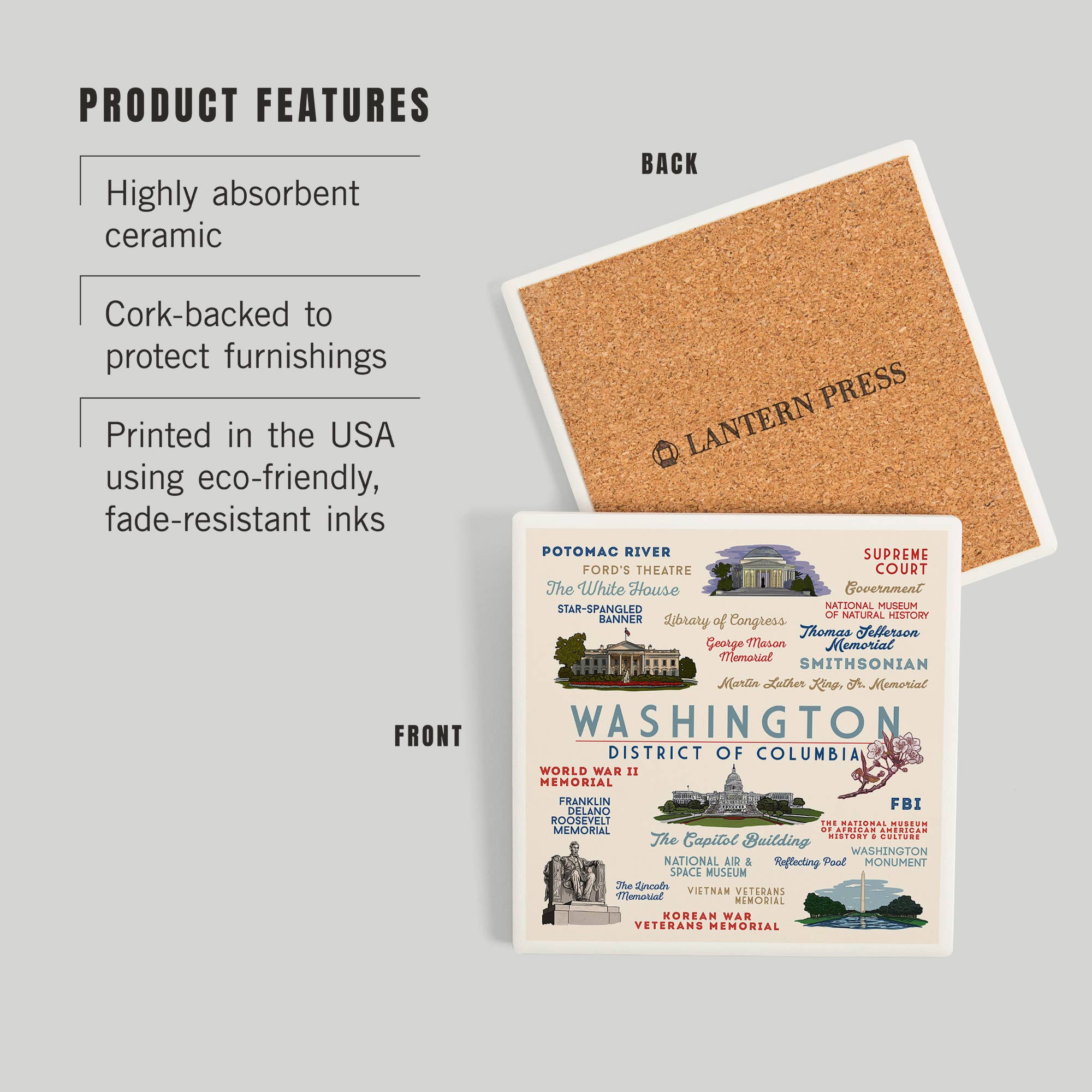 Lantern Press - Wholesale Coasters - Washington DC - Typography and Icons Ceramic Coaster2