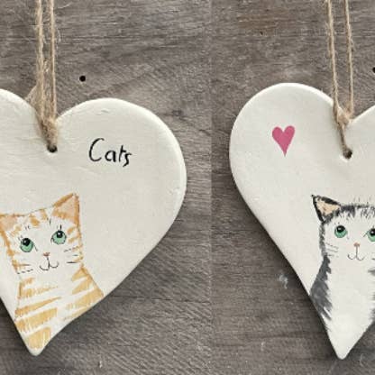 A-Cat 4 I love Cats Hanging hearts for wholesale by Merryfield Pottery