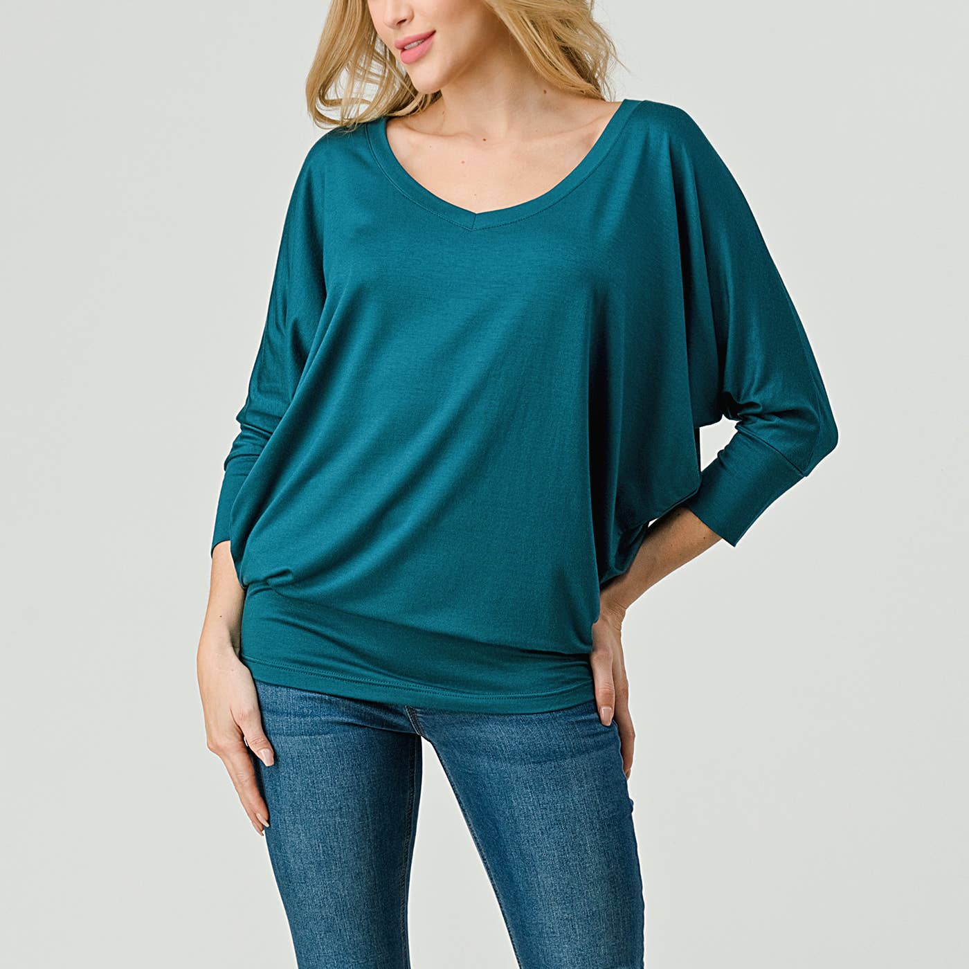 Heimious - Wholesale Knit Top - Women's - 3/4 Dolman Sleeve V-neck Modal Jersey Top, 257365
