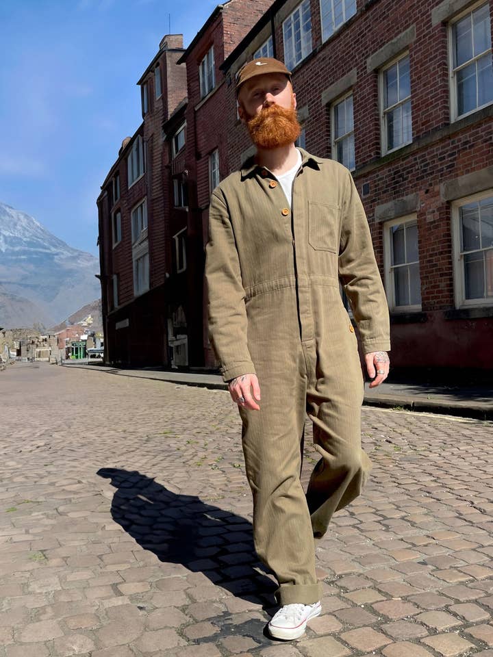 Army Green French Workwear Jumpsuit Coveralls Herringbone for wholesale by Wolf Clothing Collective Ltd