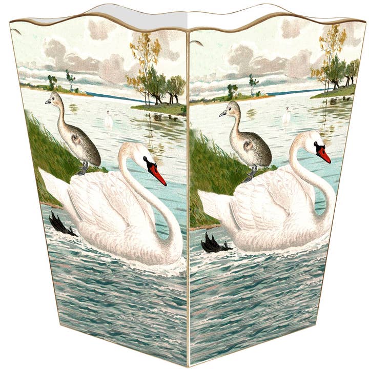 WB6838-Swan in a Pond Wastebasket for wholesale by Marye-Kelley