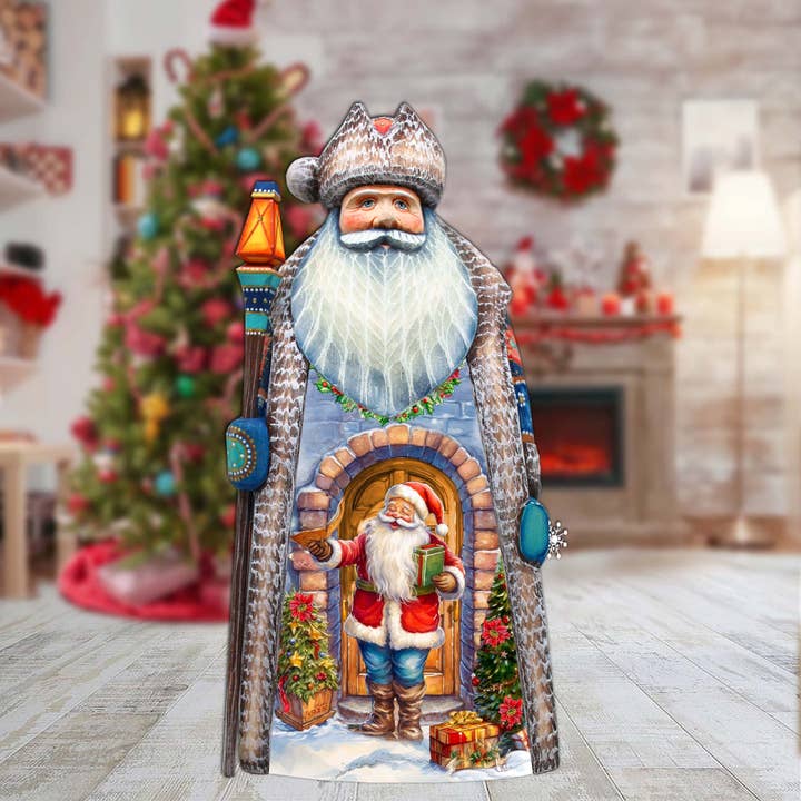 Santa's Silent Delivery handgeschilderd, in hout gesneden beeldje voor wholesale door G.DeBrekht Artistic Studios