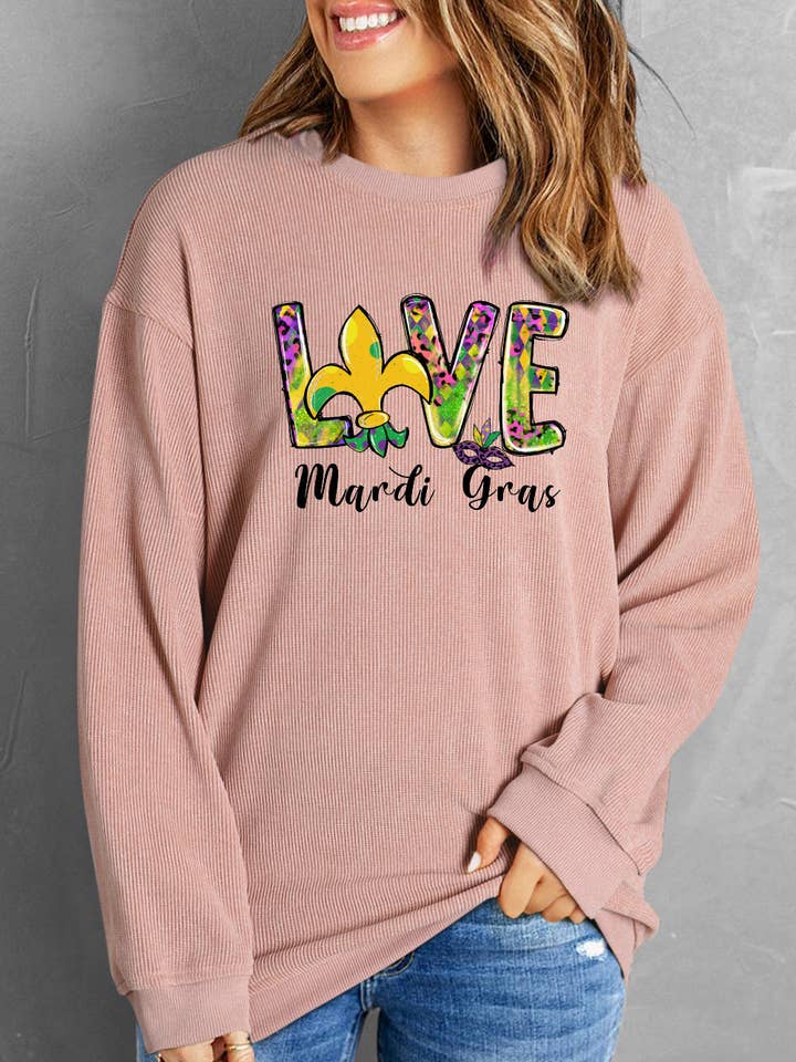 Mardi Gras Festive Love Graphic Long Sleeve Top for wholesale by Lovesoft