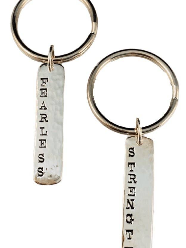 Sterling 'Strength' & ‘Fearless’ Charm Key Ring for wholesale by GK Designs